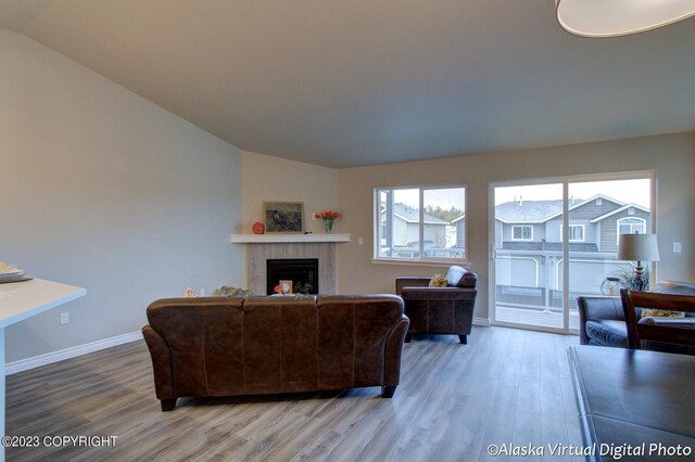 300 Shageluk St, Anchorage, AK 99504 - living area with baseboards, light wood-style flooring, a tile fireplace, and vaulted ceiling