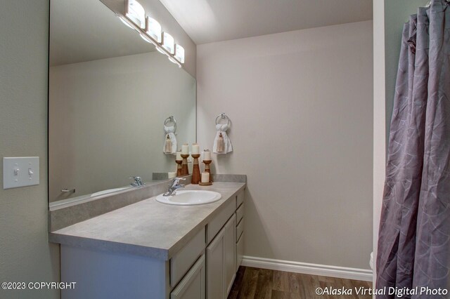 300 Shageluk St, Anchorage, AK 99504 - bathroom with baseboards, wood finished floors, and vanity