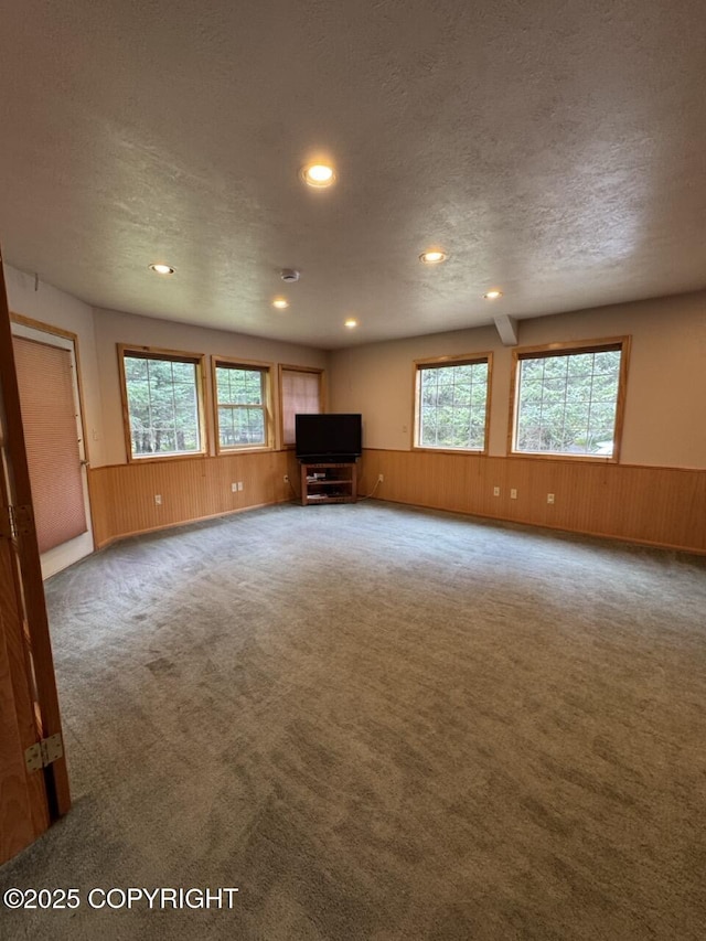32945 Melanie Ln, Seward, AK 99664 - unfurnished living room featuring healthy amount of natural light, a textured ceiling, a wainscoted wall, recessed lighting, and carpet