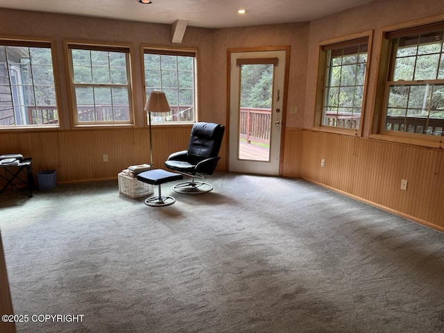 32945 Melanie Ln, Seward, AK 99664 - living area with carpet, wooden walls, and a wainscoted wall