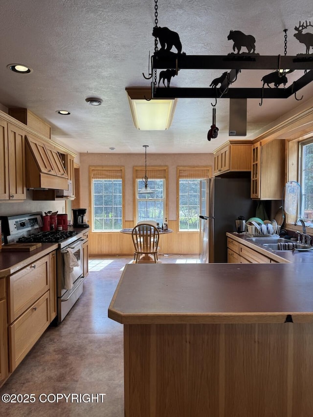 32945 Melanie Ln, Seward, AK 99664 - kitchen with gas range oven, custom exhaust hood, a sink, plenty of natural light, and a textured ceiling