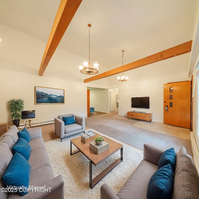 7621 E 4th Ave, Anchorage, AK 99504 - living area featuring high vaulted ceiling, beamed ceiling, light carpet, a baseboard heating unit, and a notable chandelier