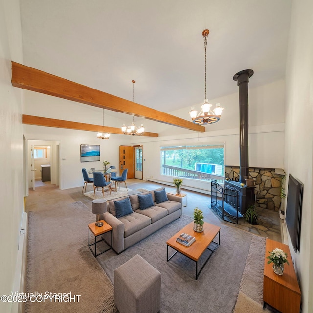 7621 E 4th Ave, Anchorage, AK 99504 - carpeted living room with vaulted ceiling with beams, a chandelier, and a wood stove