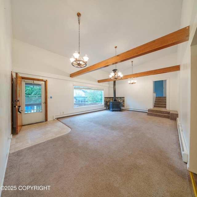 7621 E 4th Ave, Anchorage, AK 99504 - unfurnished living room featuring carpet floors, a wood stove, an inviting chandelier, and a baseboard radiator