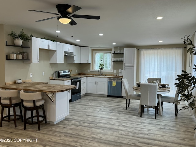 140 Standard Dr, Kenai, AK 99611 - kitchen with appliances with stainless steel finishes, butcher block countertops, under cabinet range hood, a sink, and light wood-style floors