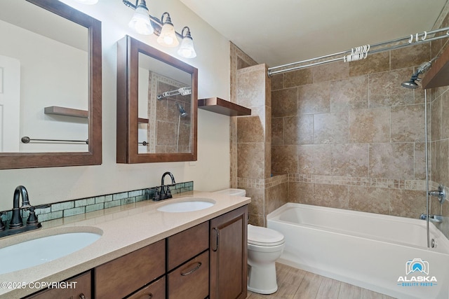 19306 Second St, Eagle River, AK 99577 - full bath featuring toilet, double vanity, shower / bath combination, and wood finished floors