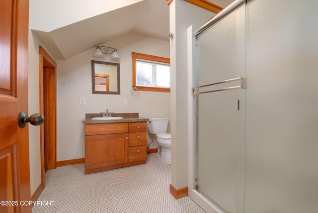 5751 N Tongass Hwy, Ketchikan, AK 99901 - full bathroom featuring a shower stall, lofted ceiling, toilet, and vanity
