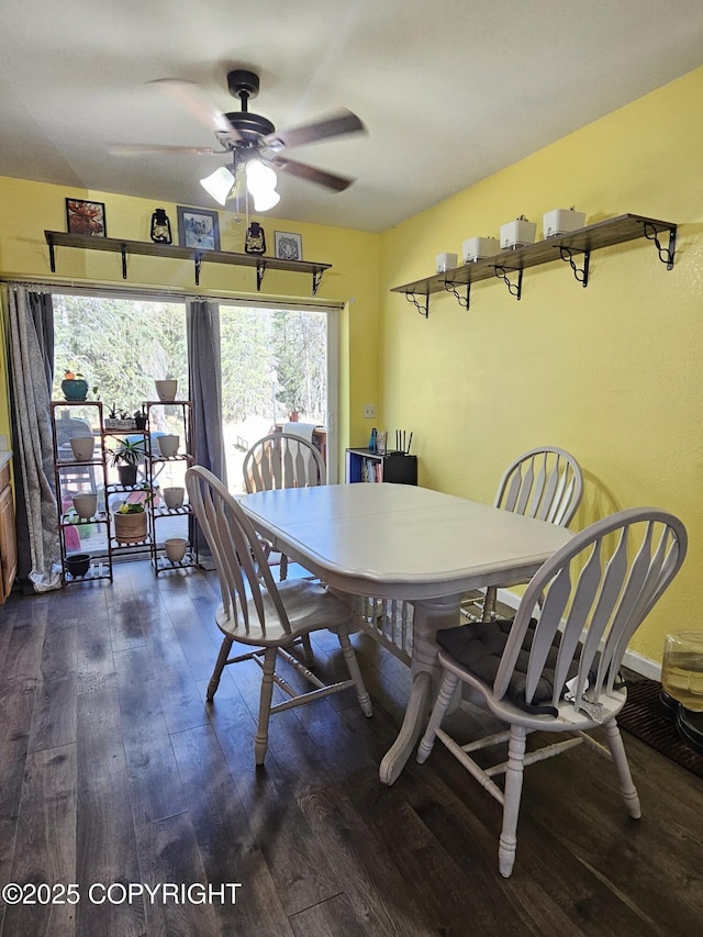 dining space featuring dark wood-style floors and ceiling fan