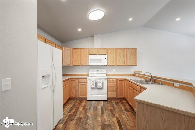 kitchen featuring dark wood-style flooring, a sink, white appliances, a peninsula, and lofted ceiling