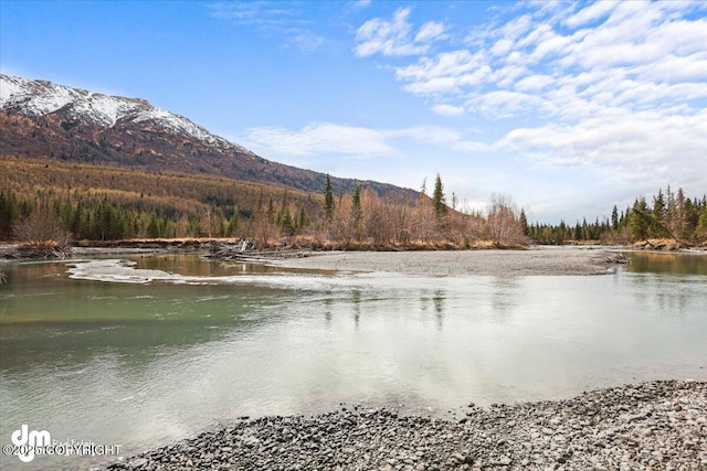 water view with a mountain view and a forest view