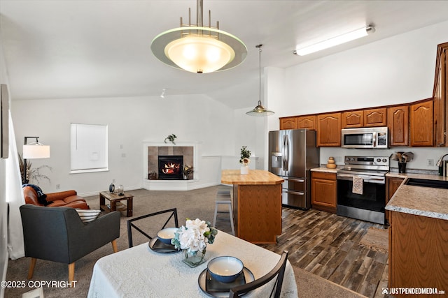 kitchen featuring appliances with stainless steel finishes, a sink, lofted ceiling, decorative light fixtures, and open floor plan