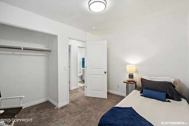 carpeted bedroom with a closet and baseboards