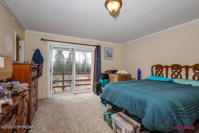 16500 E Smith Rd, Palmer, AK 99645 - bedroom featuring carpet floors, a textured ceiling, access to exterior, and ornamental molding