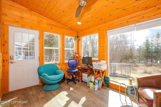 16500 E Smith Rd, Palmer, AK 99645 - sunroom / solarium featuring wooden walls, wood finished floors, vaulted ceiling, and wooden ceiling