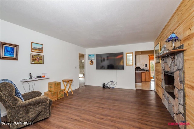 16500 E Smith Rd, Palmer, AK 99645 - living room with wood walls, wood finished floors, and a fireplace