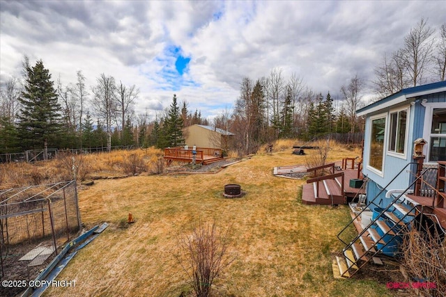 16500 E Smith Rd, Palmer, AK 99645 - view of yard featuring a deck, fence, and an outdoor fire pit
