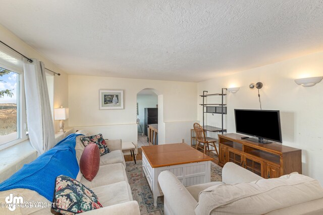65265 Knob Hill Rd, Anchor Point, AK 99556 - living room with arched walkways and a textured ceiling