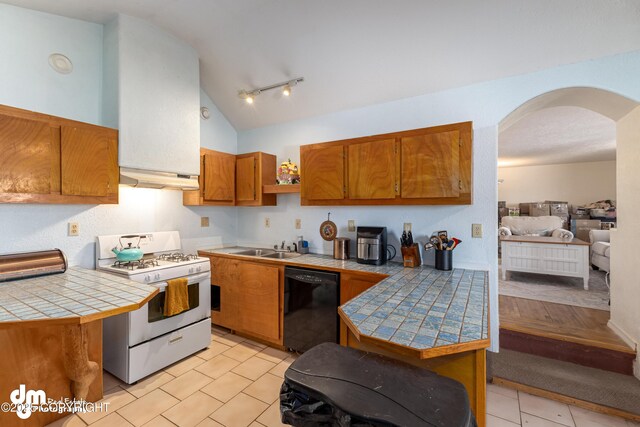 65265 Knob Hill Rd, Anchor Point, AK 99556 - kitchen featuring tile counters, white gas range oven, brown cabinetry, arched walkways, and dishwasher