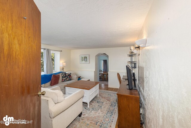 65265 Knob Hill Rd, Anchor Point, AK 99556 - living room with arched walkways, light wood finished floors, and a textured ceiling