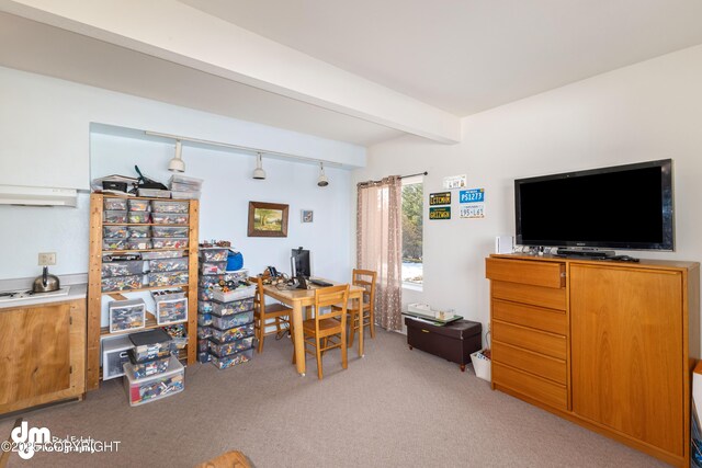 65265 Knob Hill Rd, Anchor Point, AK 99556 - office area with track lighting, beamed ceiling, and carpet floors