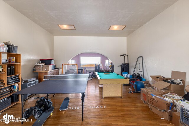 65265 Knob Hill Rd, Anchor Point, AK 99556 - playroom featuring arched walkways, wood finished floors, and billiards