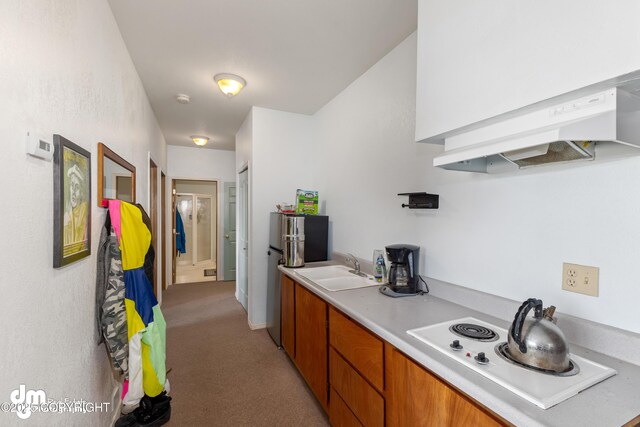 65265 Knob Hill Rd, Anchor Point, AK 99556 - kitchen with white electric cooktop, light carpet, light countertops, a sink, and brown cabinets