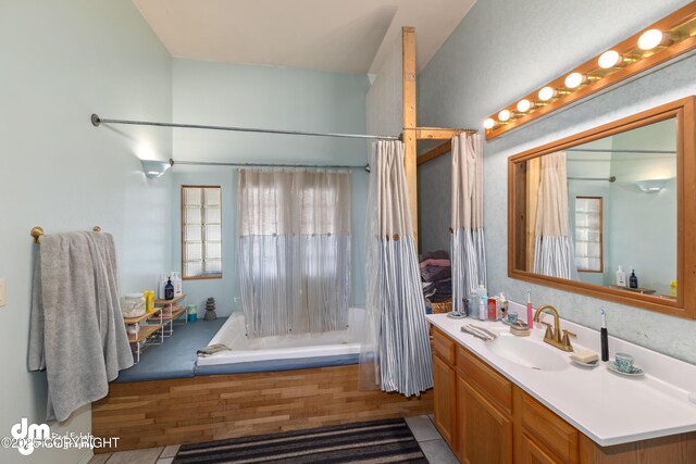 65265 Knob Hill Rd, Anchor Point, AK 99556 - full bathroom featuring shower / bath combo, vanity, and wood finished floors