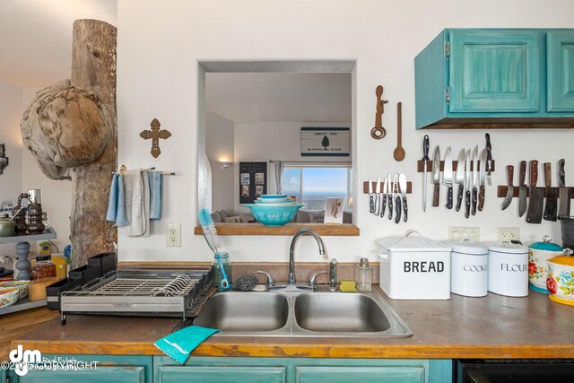 65265 Knob Hill Rd, Anchor Point, AK 99556 - room details with a sink, dark countertops, blue cabinets, and dishwasher