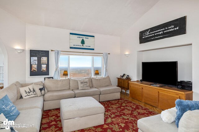 65265 Knob Hill Rd, Anchor Point, AK 99556 - living area with arched walkways, wood finished floors, and lofted ceiling