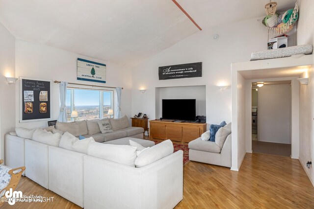 65265 Knob Hill Rd, Anchor Point, AK 99556 - living room with high vaulted ceiling and light wood-style flooring