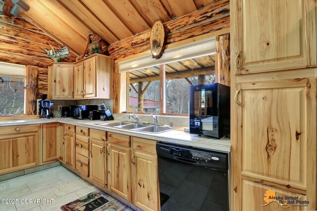 kitchen with wooden ceiling, dishwasher, a sink, lofted ceiling, and light brown cabinets