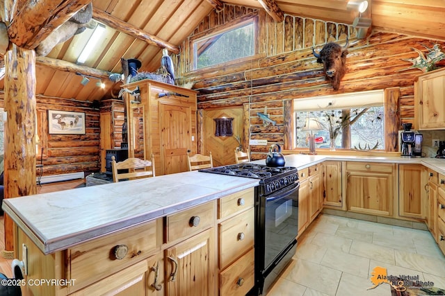 kitchen featuring log walls, black gas range, beam ceiling, high vaulted ceiling, and light brown cabinetry