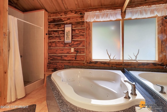 full bath featuring a whirlpool tub, a shower stall, wooden ceiling, and tile patterned flooring