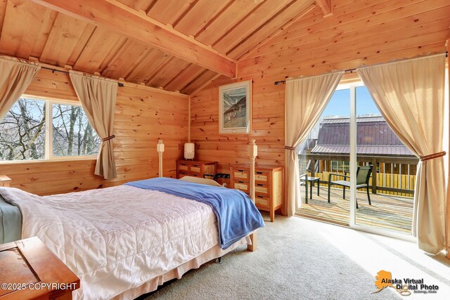 bedroom featuring carpet flooring, multiple windows, access to exterior, and vaulted ceiling with beams