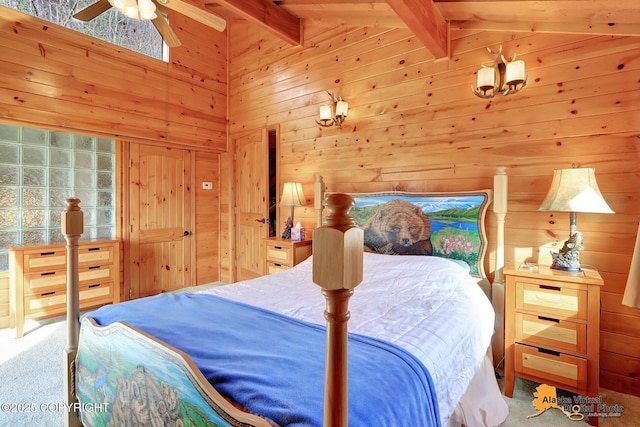 bedroom featuring wood walls, carpet floors, and lofted ceiling with beams