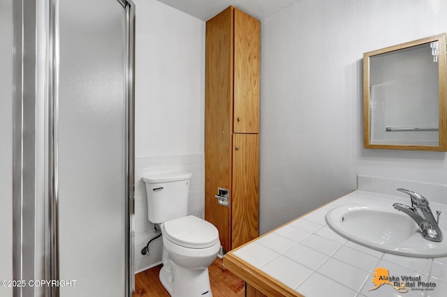 bathroom with a sink, toilet, and wood finished floors
