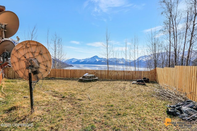 view of yard featuring a mountain view and a fenced backyard