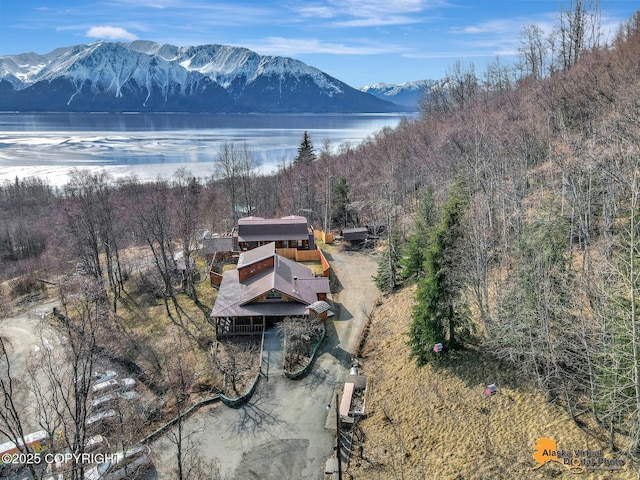property view of mountains with a wooded view and a water view