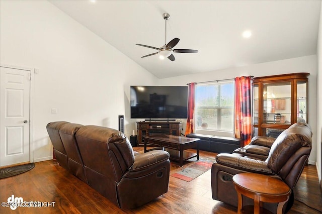 3762-3768 S Lansing Rd, Wasilla, AK 99654 - living area featuring a ceiling fan, dark wood-type flooring, high vaulted ceiling, and baseboards