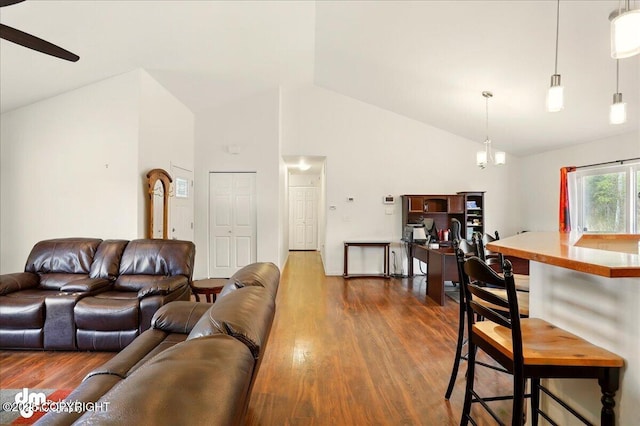3762-3768 S Lansing Rd, Wasilla, AK 99654 - living room with dark wood finished floors, high vaulted ceiling, and a ceiling fan