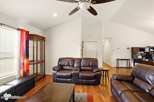 3762-3768 S Lansing Rd, Wasilla, AK 99654 - living room featuring a ceiling fan, wood finished floors, baseboards, and high vaulted ceiling