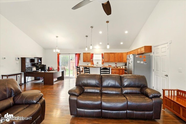 3762-3768 S Lansing Rd, Wasilla, AK 99654 - living area featuring wine cooler, high vaulted ceiling, dark wood-style flooring, ceiling fan, and a desk