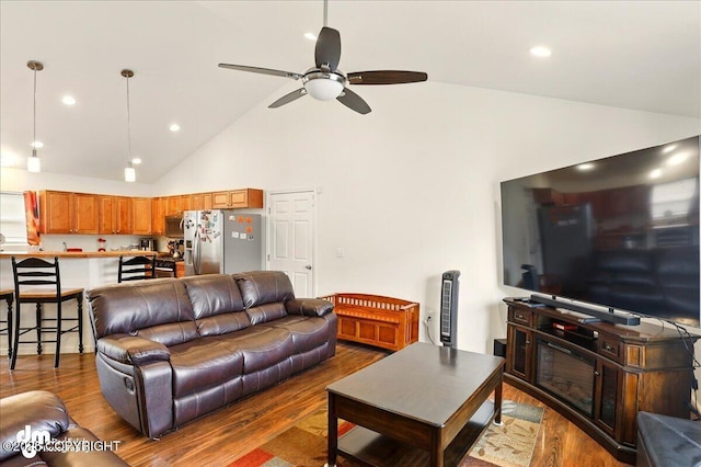 3762-3768 S Lansing Rd, Wasilla, AK 99654 - living room with a ceiling fan, wood finished floors, high vaulted ceiling, and recessed lighting