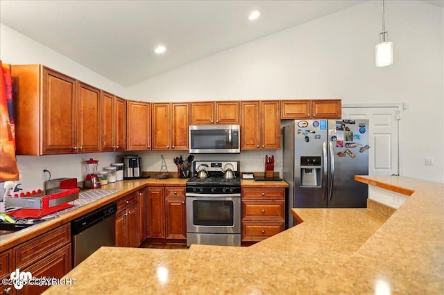3762-3768 S Lansing Rd, Wasilla, AK 99654 - kitchen featuring appliances with stainless steel finishes, light countertops, brown cabinetry, decorative light fixtures, and recessed lighting
