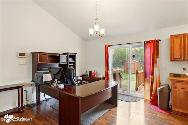 3762-3768 S Lansing Rd, Wasilla, AK 99654 - office area with lofted ceiling, wood finished floors, and a chandelier