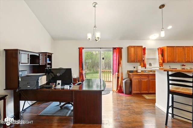 3762-3768 S Lansing Rd, Wasilla, AK 99654 - office featuring dark wood-style flooring, a chandelier, and lofted ceiling