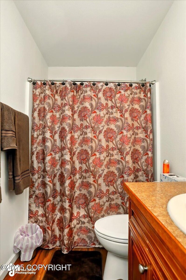 3762-3768 S Lansing Rd, Wasilla, AK 99654 - bathroom featuring toilet, vanity, curtained shower, and wood finished floors