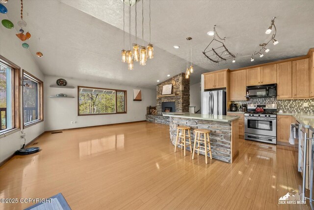 21440 Falling Water Cir, Eagle River, AK 99577 - kitchen with appliances with stainless steel finishes, vaulted ceiling, light wood-type flooring, open floor plan, and light countertops