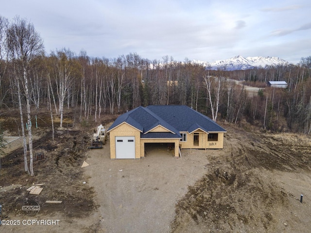 bird's eye view with a wooded view