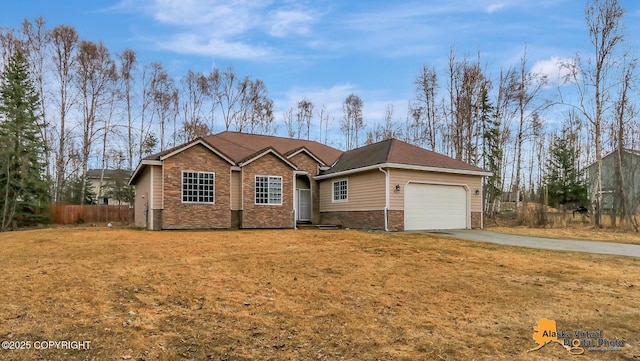 ranch-style house featuring driveway, stone siding, a front lawn, a garage, and fence